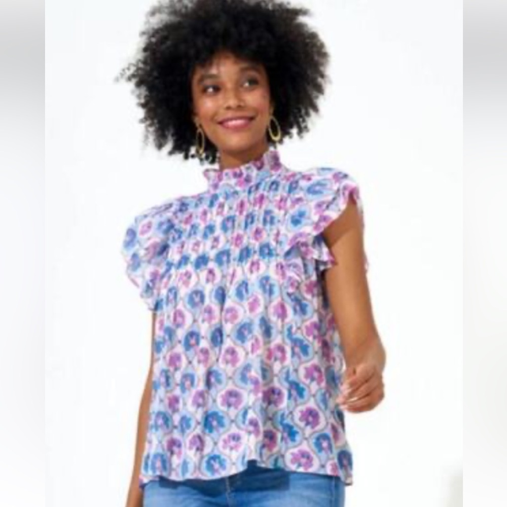 Oliphant Pintuck Ruffle Top Blouse XS 100% Cotton Pink Blue Print EUC